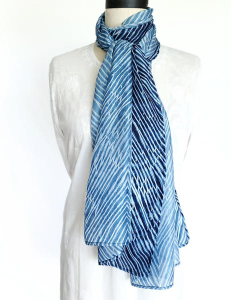 Pure Silk large scarf INDIGO Shibori hand dyed - SRI-10