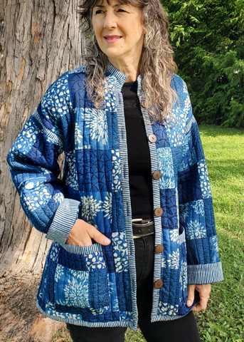 QUILTED MADDY JACKET in PATCHWORK INDIGO-BOTANICAL PRINTS