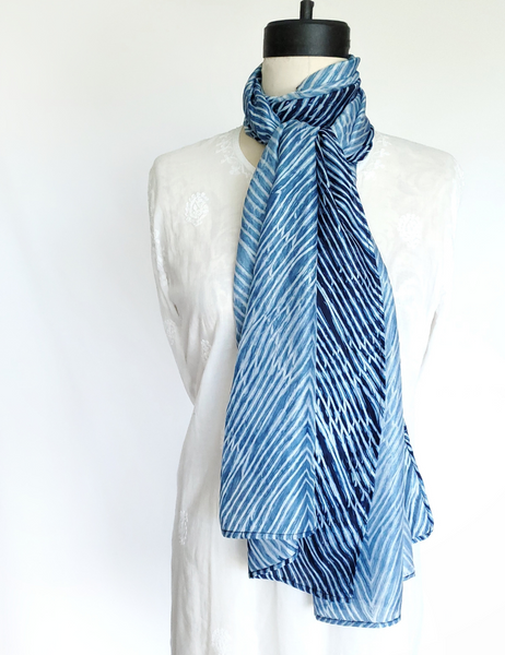 Pure Silk large scarf INDIGO Shibori hand dyed - SRI-09