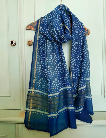 Indigo block CHANDERI SILK print large shawl scarf SO-32
