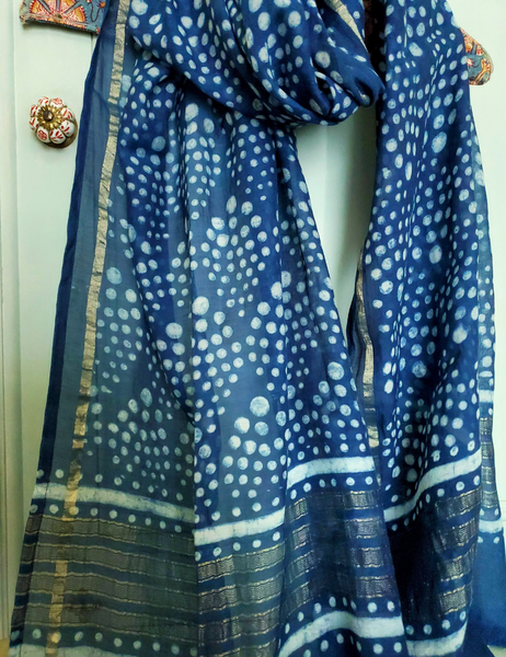 Indigo block CHANDERI SILK print large shawl scarf SO-32