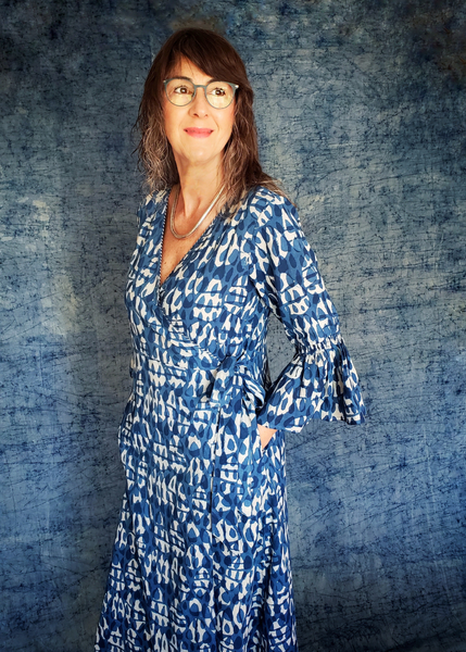 Indigo blue print wrap dress