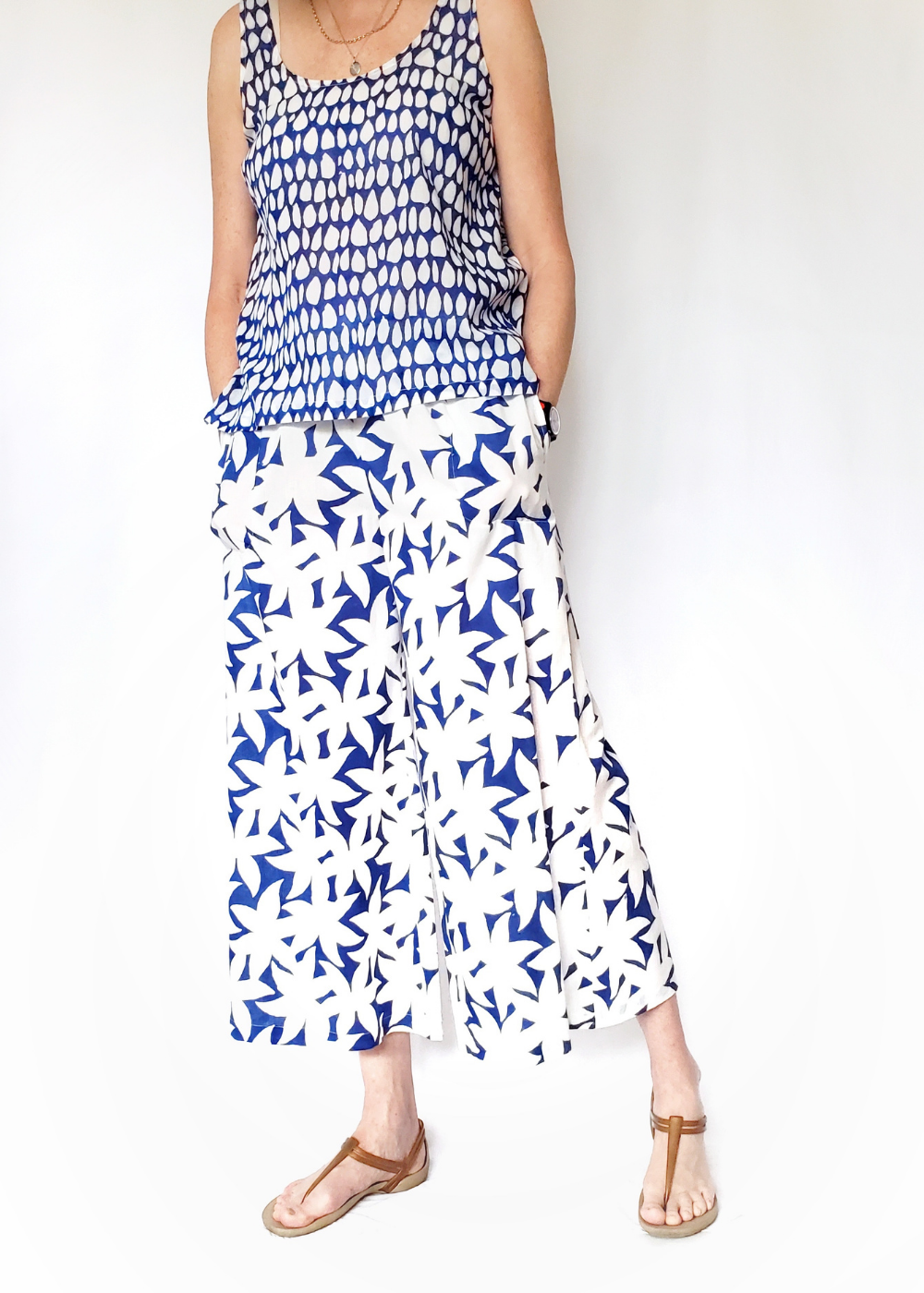 Sale Price ALEXI FLARE PANT in MYSORE SHADOW blue and white print cotton