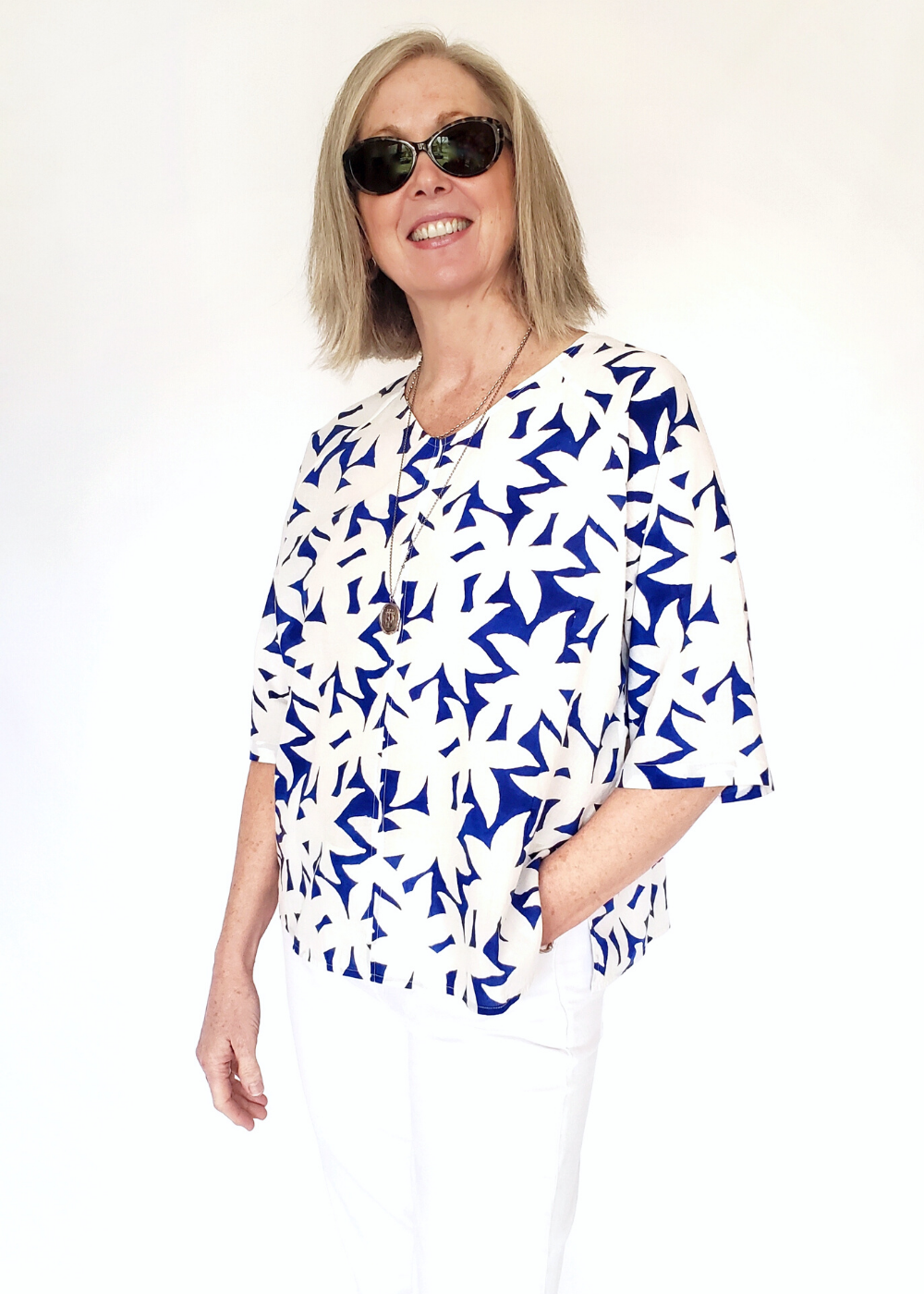 Sale price Raglan Top in Blue and White Mysore Shadow print