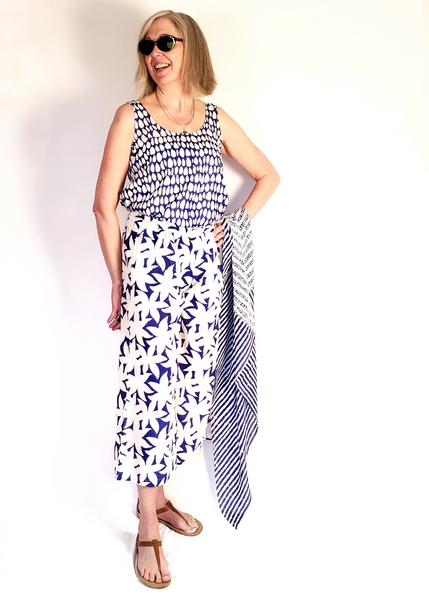 Sale Price ALEXI FLARE PANT in MYSORE SHADOW blue and white print cotton
