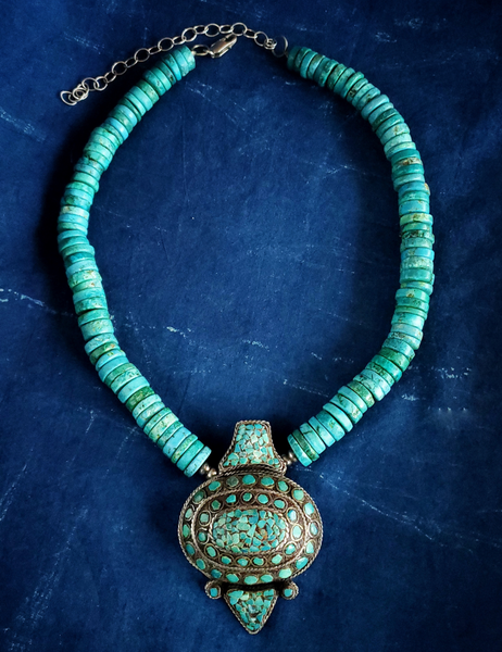 VINTAGE TIBETAN REAL TURQUOISE BEAD NECKLACE - CHJ-01
