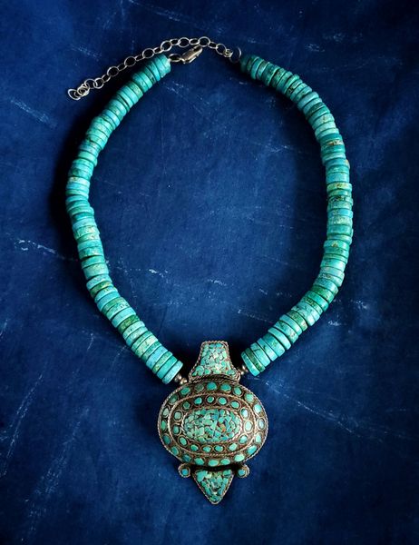VINTAGE TIBETAN REAL TURQUOISE BEAD NECKLACE - CHJ-01