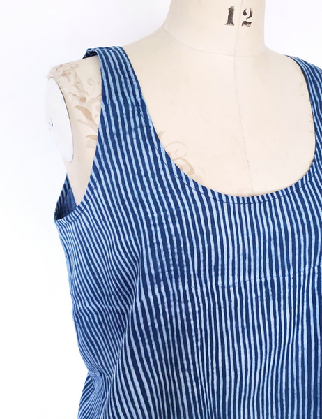Mannequin with indigo and white stripe cotton tank top. scoop neck.