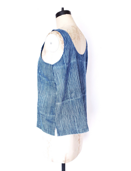 Mannequin with indigo and white stripe cotton tank top. scoop neck.