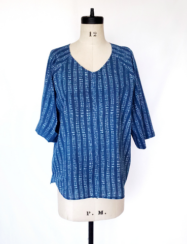 Raglan Cotton Top in Indigo White Wide Stripe. Rounded V-Neck Top.