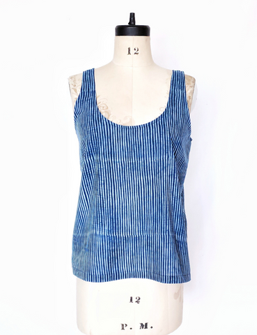 Mannequin with indigo and white stripe cotton tank top. scoop neck.